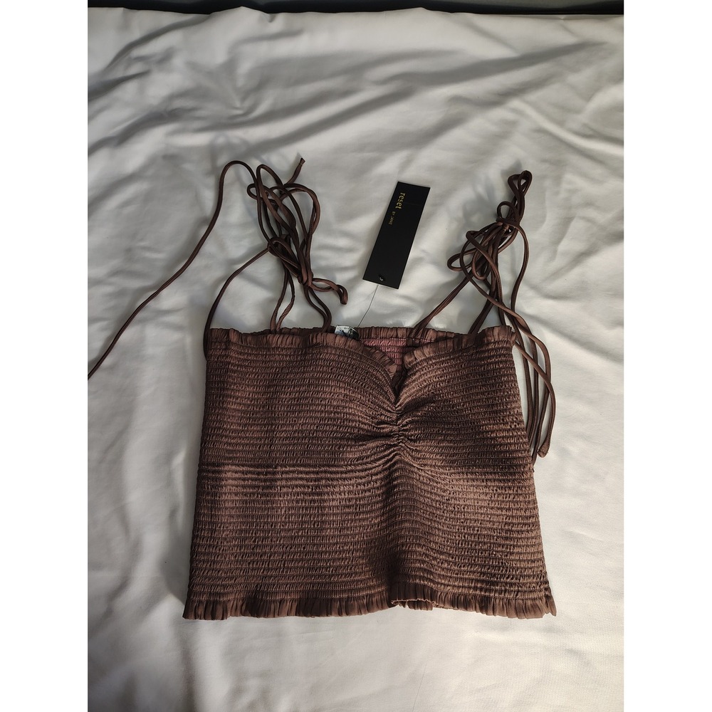 Reset by Jane Womens Brown Smocked Tie Strap Crop Top JT517D Size Large NWT